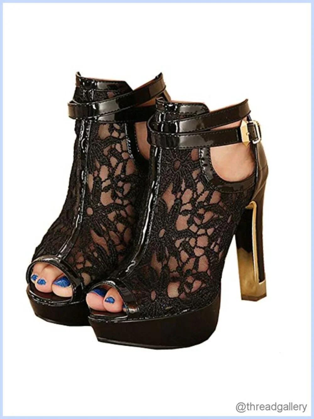 Faux Leather Lace Flower Open Toe High Heel Ankle Boots